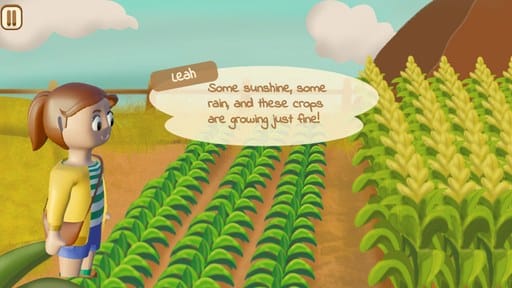 Dialogue screen: a character in a cornfield says the crops are growing just fine