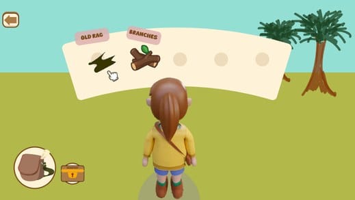 Inventory screen: collected items shown on a banner above the player character