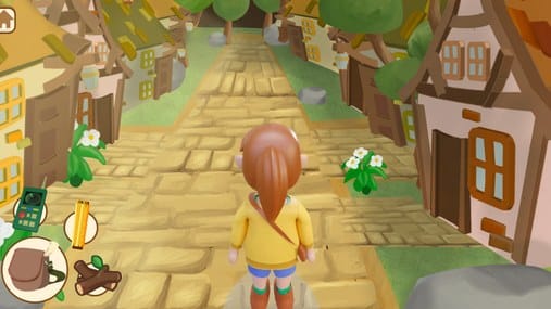 Village path seen from behind the player character, with the inventory icon