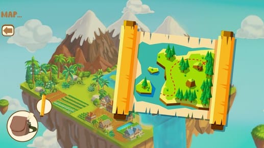 Map screen: an unrolled island map in front of the floating island