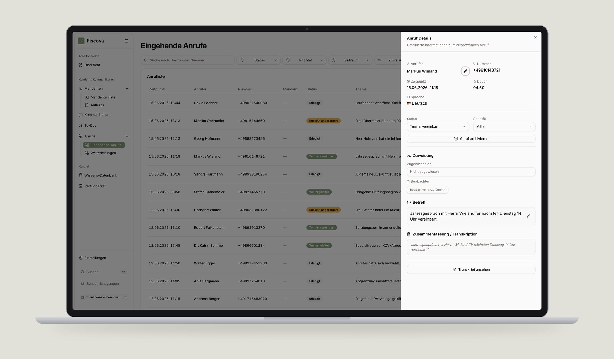 Fiscova incoming calls list with status tags, and an open side panel showing call details, status, priority, assignment, subject and summary
