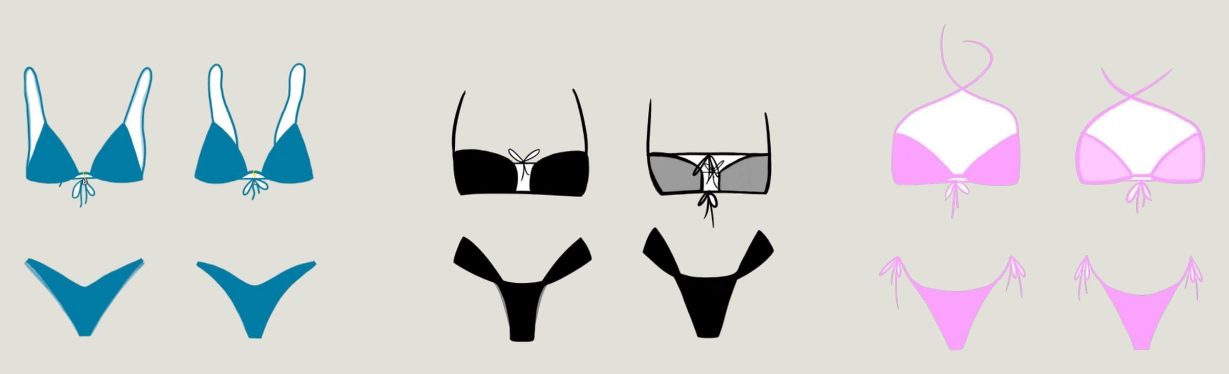 Flat illustrations of three bikini sets: teal triangle, black bandeau and lilac halter