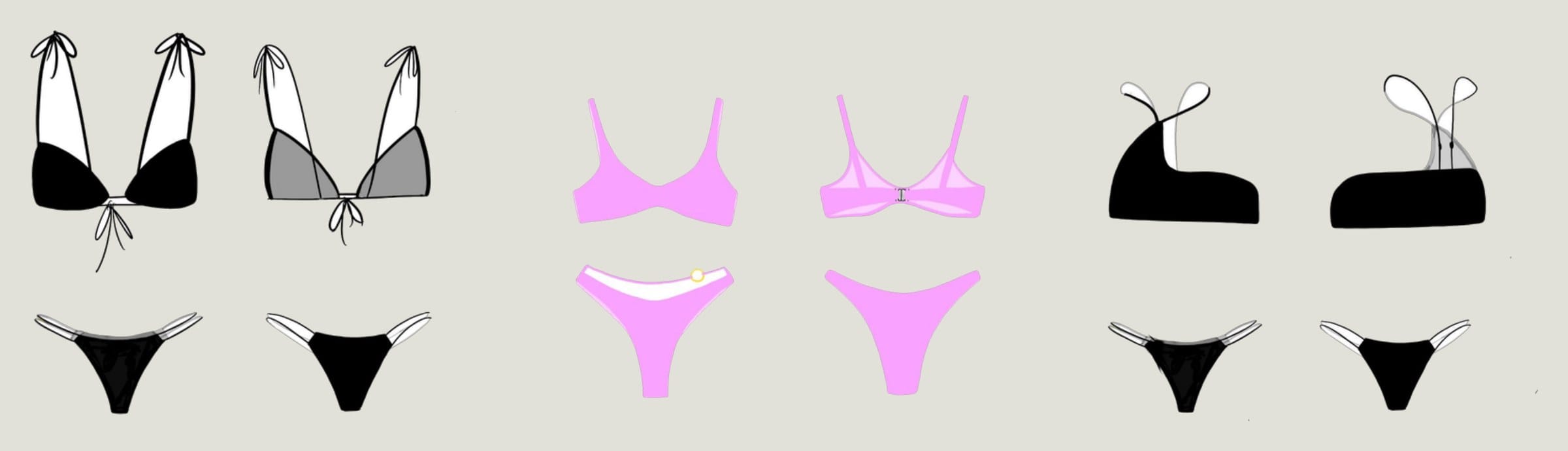 Flat illustrations of three bikini sets: black and grey triangle, lilac balconette and black asymmetric top