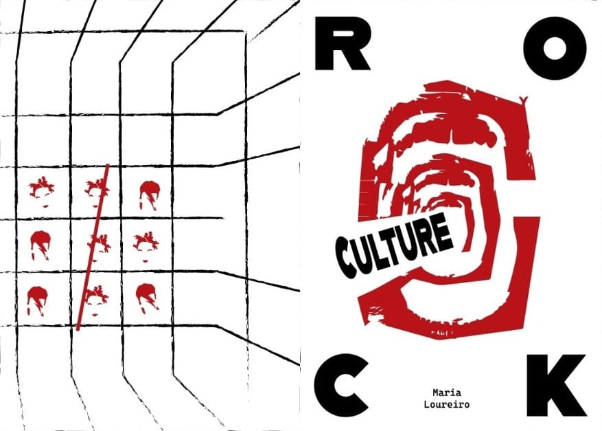 Opening spread: a hand-drawn perspective grid with small red portraits on the left, the cover with large R, O, C, K letters and a red spiral on the right