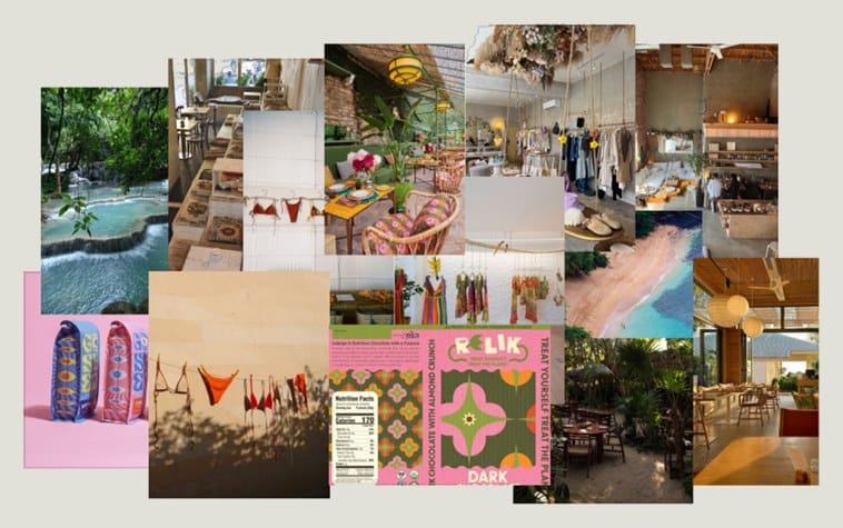 Moodboard of pools, plants, textiles, cafés and packaging references