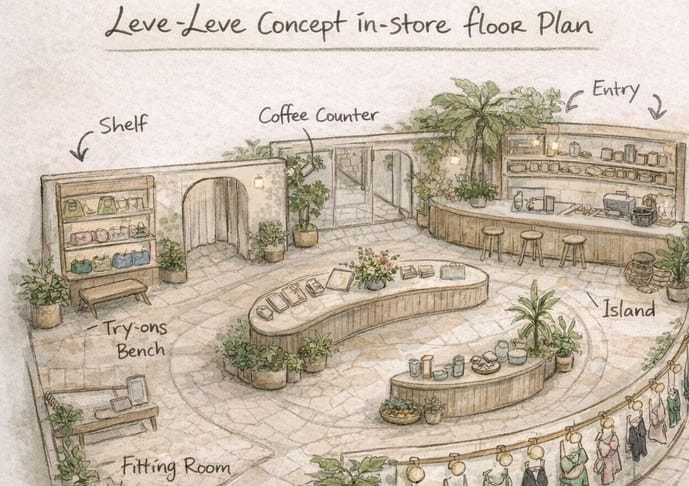Illustrated concept floor plan for a Leve Leve shop: shelf, coffee counter, island, try-on bench and fitting room among plants