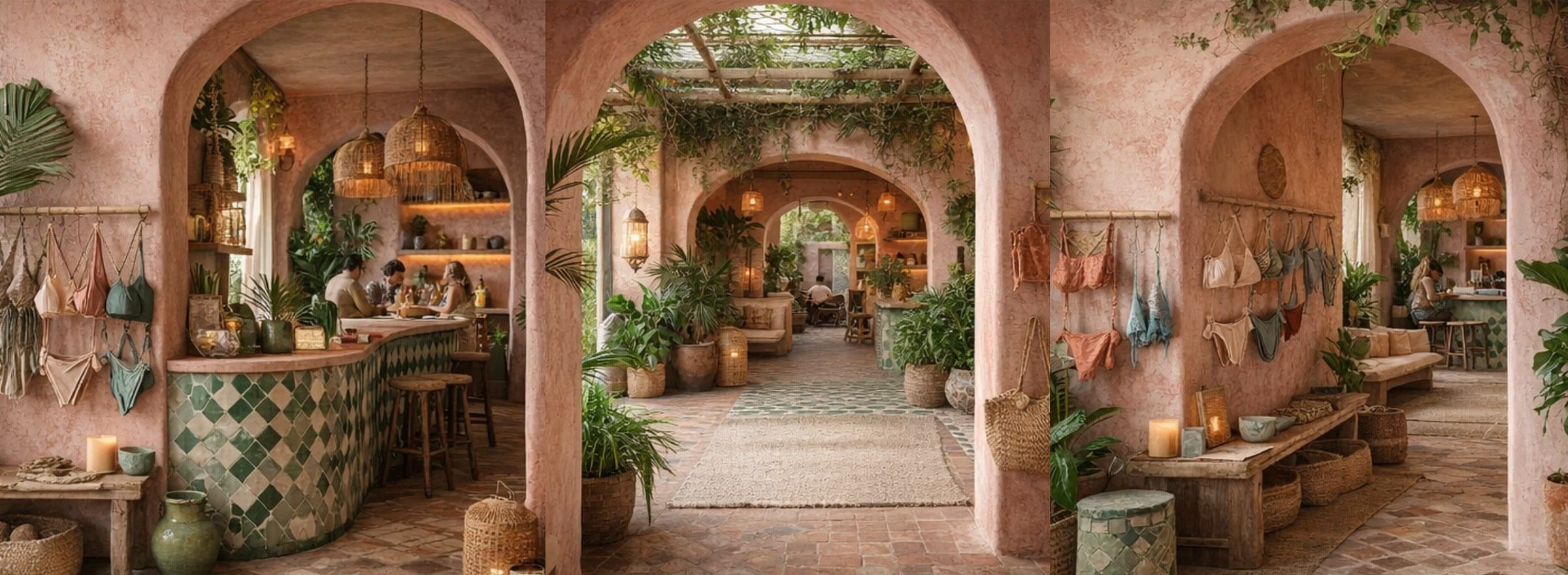 Conceptual visualisation of a pink plastered shop interior with arches, plants, swimwear rails and a café counter