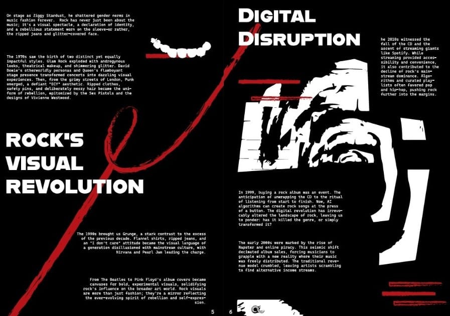 Black spread titled Rock's Visual Revolution and Digital Disruption, with a red line drawing and torn black and white imagery
