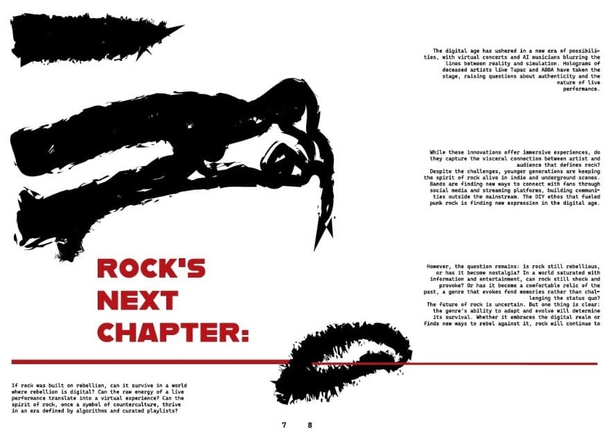 White spread titled Rock's Next Chapter, with heavy black brush marks and narrow text columns
